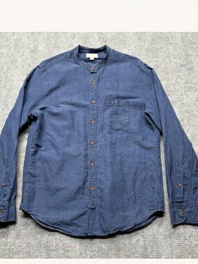 Wallace & Barnes Shirt Mens Large Blue Band Collar Chambray Streetwear Preppy